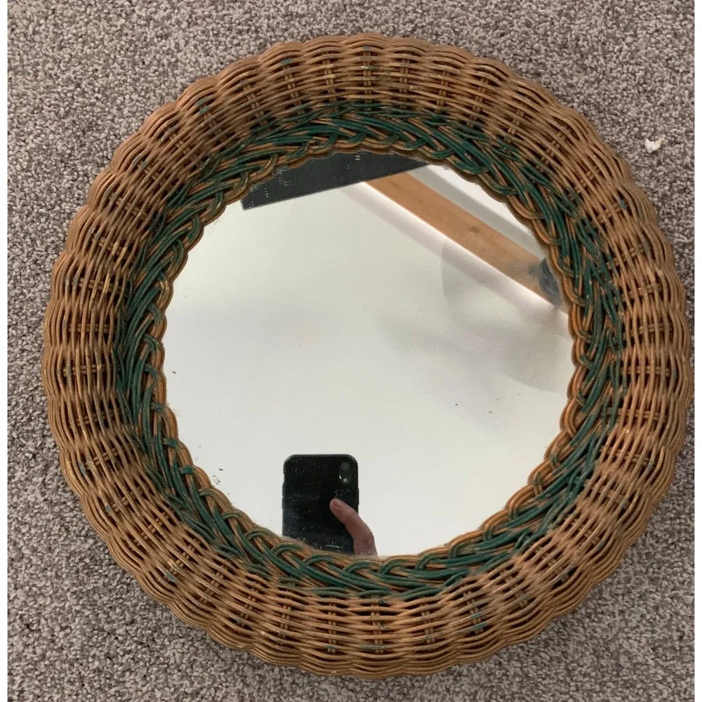 Rare Vintage Wicker Rattan Round Wall Mirror Boho Retro 90s Cottagecore 12